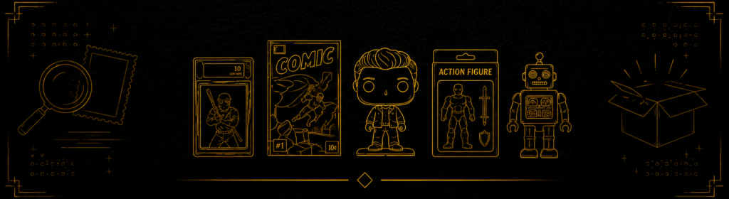 Gold outline of collectible items including trading cards, comic books, action figures, and a retro toy robot on a dark background.