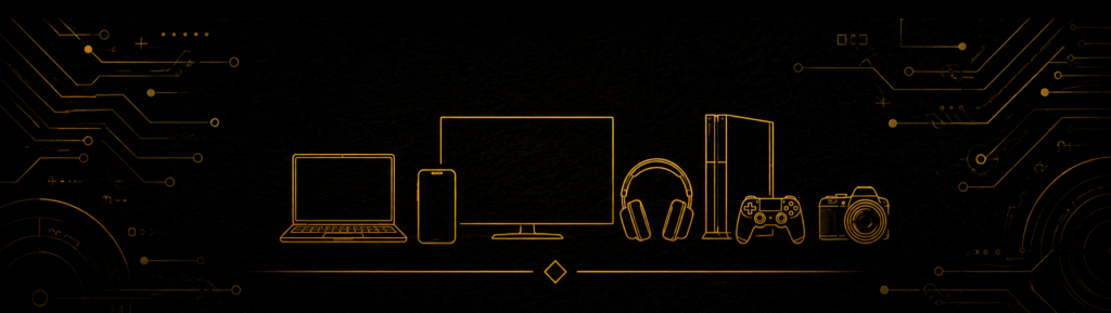 Gold outline of electronics including laptop, smartphone, monitor, headphones, gaming console, controller, and camera on a dark background.