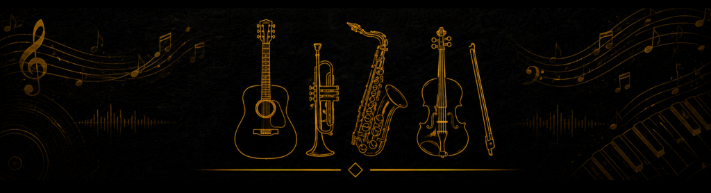 Gold line-art illustration of musical instruments including guitar, trumpet, saxophone, and violin on a dark textured background with flowing musical note accents