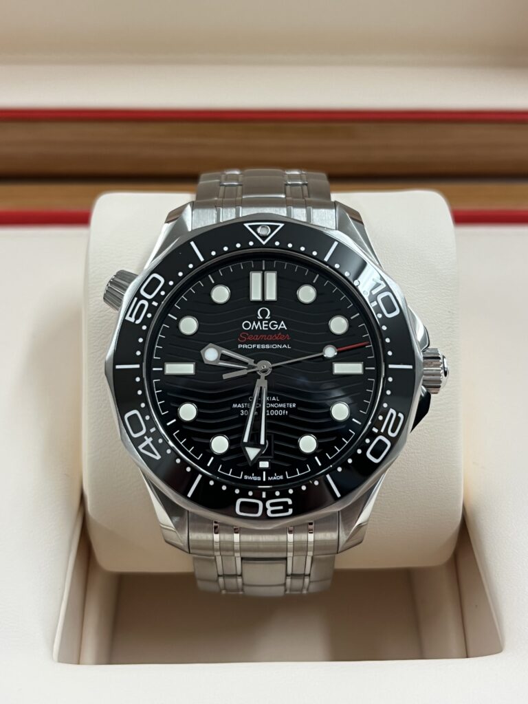 Omega Seamaster Professional watch with black dial and stainless steel bracelet