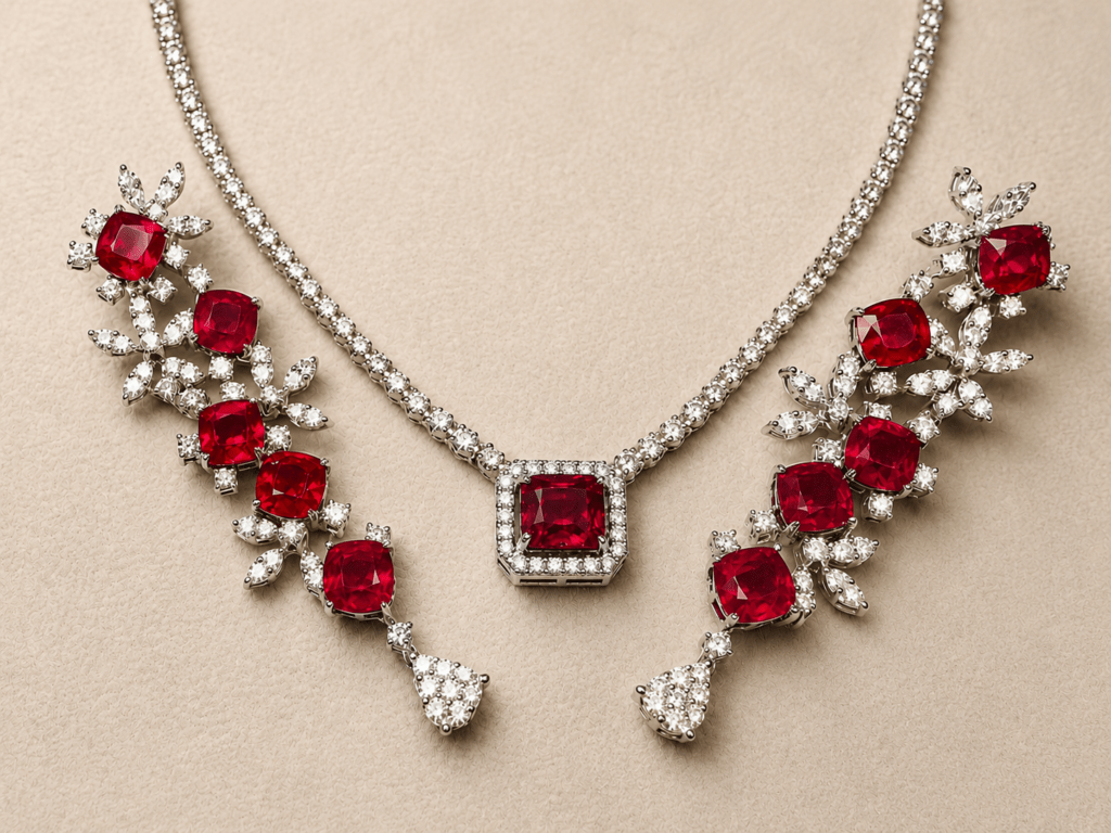 Statement necklace and matching drop earrings featuring cushion-cut rubies surrounded by diamond halos and floral clusters in white gold