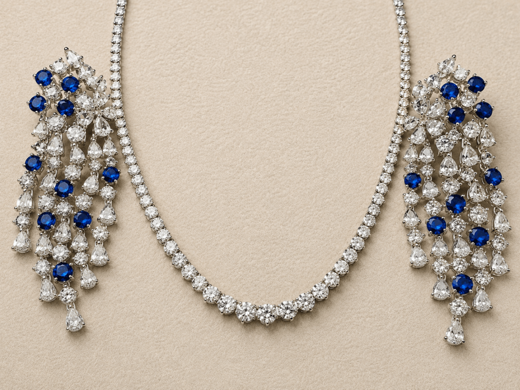 Diamond tennis necklace paired with chandelier earrings featuring round blue sapphires and cascading pear-shaped diamonds in white gold