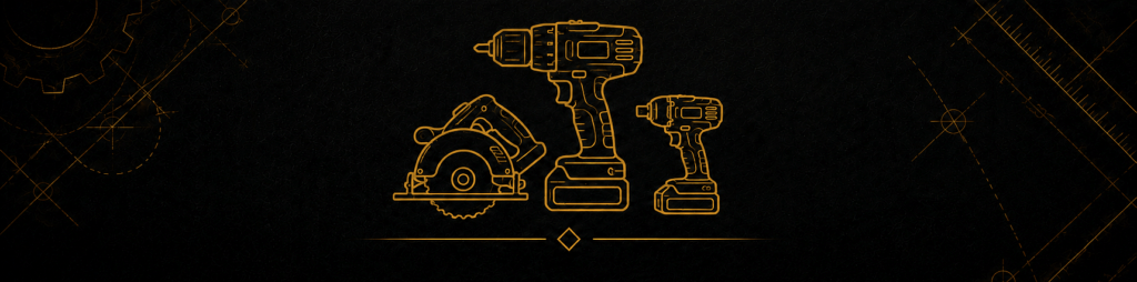 Gold outline illustrations of power tools including drills and a circular saw on a black background